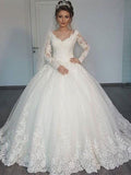 Ball Gown Long Sleeves Court Train V-neck Tulle Wedding Dresses TPP0006150