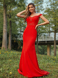 Sheath/Column Jersey Applique Off-the-Shoulder Sleeveless Sweep/Brush Train Bridesmaid Dresses TPP0005003