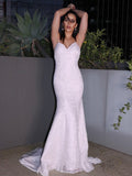 Sheath/Column Lace Ruffles V-neck Sleeveless Sweep/Brush Train Wedding Dresses TPP0006058