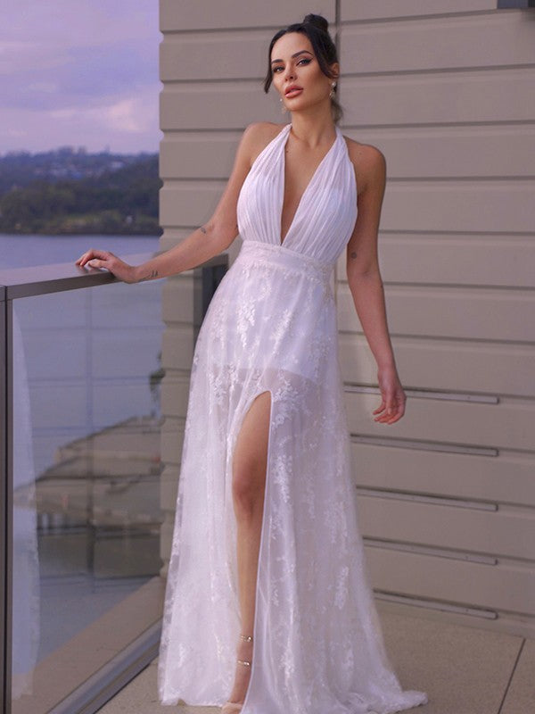A-Line/Princess Lace Ruched Halter Sleeveless Floor-Length Wedding Dresses TPP0006073