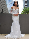 Trumpet/Mermaid Tulle Applique Off-the-Shoulder Long Sleeves Sweep/Brush Train Wedding Dresses TPP0006069