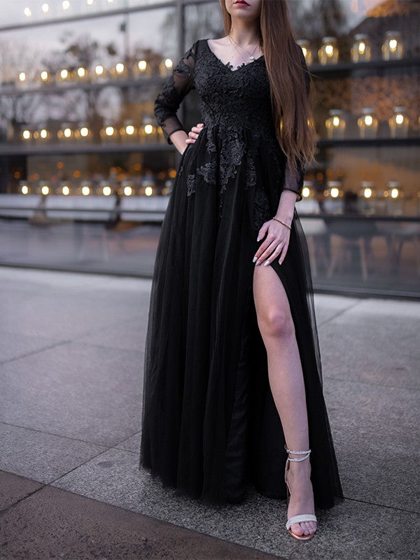 Ball Gown Tulle Long Sleeves Applique Off-the-Shoulder Floor-Length Dresses TPP0001473
