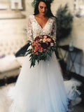 A-Line/Princess Tulle V-neck Applique Long Sleeves Sweep/Brush Train Wedding Dresses TPP0006819