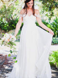 A-Line/Princess Sleeveless Off-the-Shoulder Sweep/Brush Train Applique Lace Chiffon Wedding Dresses TPP0006360