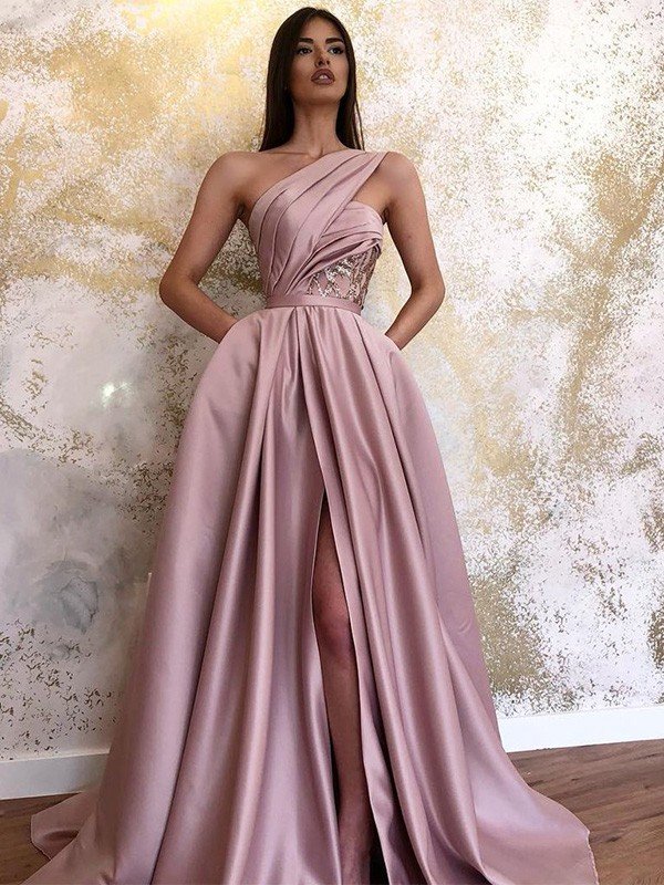 A-Line/Princess Satin Sleeveless Ruched One-Shoulder Sweep/Brush Train Dresses TPP0001415