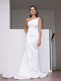 Sheath/Column Satin One-Shoulder Ruched Sleeveless Sweep/Brush Train Wedding Dresses TPP0006065
