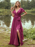 A-Line/Princess Chiffon Ruffles V-neck Short Sleeves Floor-Length Bridesmaid Dresses TPP0004981
