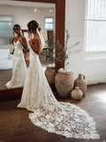 Sheath/Column Spaghetti Straps Lace Applique Sleeveless Court Train Wedding Dresses TPP0005932