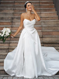 A-Line/Princess Satin Ruffles Sweetheart Sleeveless Sweep/Brush Train Wedding Dresses TPP0005887