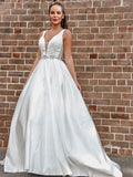 A-Line/Princess Satin V-neck Beading Sleeveless Court Train Wedding Dresses TPP0006109