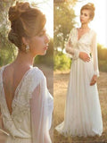 A-Line/Princess V-neck Long Sleeves Lace Chiffon Sweep/Brush Train Wedding Dresses TPP0006463