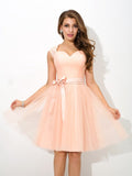 A-Line/Princess Straps Sash/Ribbon/Belt Sleeveless Short Net Bridesmaid Dresses TPP0005326
