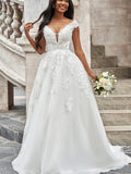 A-Line/Princess Tulle V-neck Applique Sleeveless Sweep/Brush Train Wedding Dresses TPP0005928