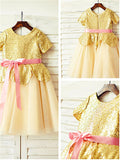 A-line/Princess Scoop Short Sleeves Sequin Tea-Length Tulle Flower Girl Dresses TPP0007926