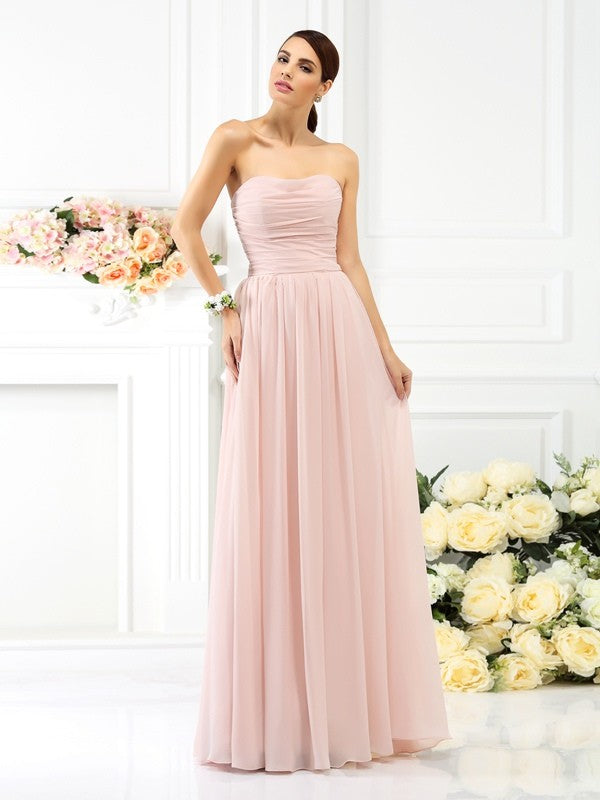 A-Line/Princess Strapless Pleats Sleeveless Long Chiffon Bridesmaid Dresses TPP0005054