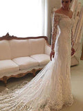 Sheath/Column Long Sleeves Lace Off-the-Shoulder Court Train Wedding Dresses TPP0005950