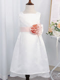 A-Line/Princess Satin Hand-Made Flower Square Sleeveless Tea-Length Flower Girl Dresses TPP0007938