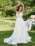 A-Line/Princess Lace Applique V-neck Sleeveless Sweep/Brush Train Wedding Dresses TPP0005914