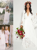 A-Line/Princess V-neck Lace Sash/Ribbon/Belt Chiffon Long Sleeves Sweep/Brush Train Wedding Dresses TPP0006040