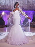 Trumpet/Mermaid Long Sleeves Sweetheart Sweep/Brush Train Applique Tulle Wedding Dresses TPP0005948