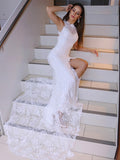 Trumpet/Mermaid Lace Sleeveless Halter Sweep/Brush Train Wedding Dresses TPP0005941