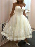 Ball Gown Applique Sweetheart Tulle Sleeveless Tea-Length Wedding Dresses TPP0006304