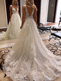 A-Line/Princess Sweep/Brush Train V-neck Sleeveless Applique Tulle Wedding Dresses TPP0005966