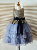 A-Line/Princess Tea-Length Scoop Sequin Sleeveless Tulle Flower Girl Dresses TPP0007921