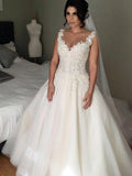 Ball Gown Sleeveless V-neck Court Train Applique Lace Tulle Wedding Dresses TPP0006319