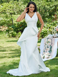 Sheath/Column Satin Ruffles V-neck Sleeveless Sweep/Brush Train Wedding Dresses TPP0005952