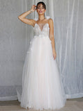 A-Line/Princess V-neck Beading Sleeveless Tulle Floor-Length Wedding Dresses TPP0006108