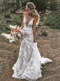Sheath/Column Tulle Sweep/Brush Train Applique Sleeveless V-neck Wedding Dresses TPP0005956