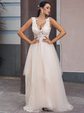 A-Line/Princess Tulle Applique V-neck Sleeveless Sweep/Brush Train Wedding Dresses TPP0006015