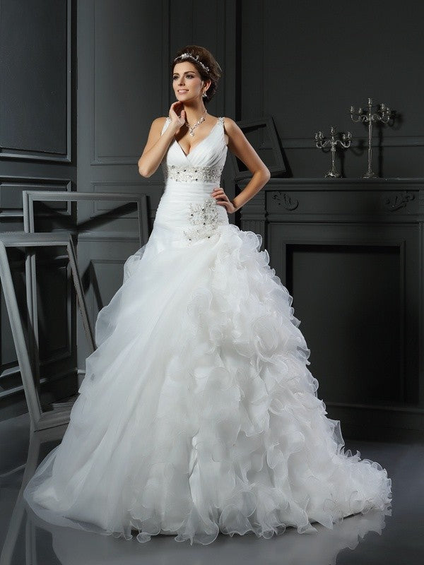 Ball Gown V-neck Ruffles Sleeveless Long Organza Wedding Dresses TPP0006578