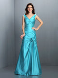 A-Line/Princess V-neck Pleats Sleeveless Long Satin Bridesmaid Dresses TPP0005497