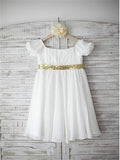 A-line/Princess Bateau Short Sleeves Beading Tea-Length Chiffon Flower Girl Dresses TPP0007832