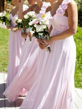 A-Line/Princess One-Shoulder Sleeveless Floor-Length Chiffon Bridesmaid Dresses TPP0005660