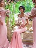 Sheath/Column Off-the-Shoulder Sleeveless Sweep/Brush Train Lace Satin Bridesmaid Dresses TPP0005285