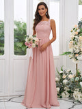 A-Line/Princess Chiffon Applique Square Sleeveless Floor-Length Bridesmaid Dresses TPP0004921