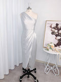 Sheath/Column Ruffles Silk like Satin Sleeveless One-Shoulder Asymmetrical Bridesmaid Dresses TPP0005288
