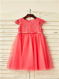 A-line/Princess Scoop Short Sleeves Lace Tea-Length Tulle Flower Girl Dresses TPP0007881