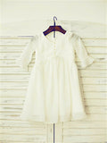 A-line/Princess Scoop Long Sleeves Ruffles Tea-Length Chiffon Flower Girl Dresses TPP0007835