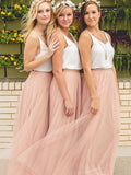 A-Line/Princess V-neck Sleeveless Floor-Length Tulle Bridesmaid Dresses TPP0005207