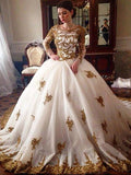 Ball Gown Court Train Scoop Long Sleeves Tulle Wedding Dresses TPP0006472