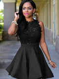 A-Line Jewel Cut Short With Lace Satin Black Homecoming Dresses TPP0008494