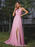 A-Line/Princess Chiffon Ruched Scoop Sleeveless Sweep/Brush Train Bridesmaid Dresses TPP0005014