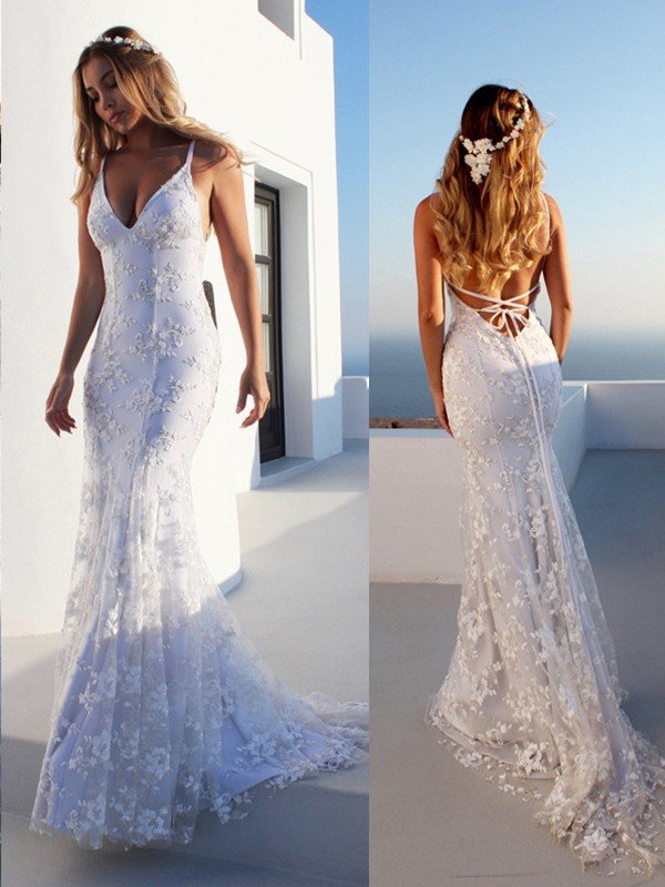 Trumpet/Mermaid Spaghetti Straps Sleeveless Lace Court Train Wedding Dresses TPP0005890