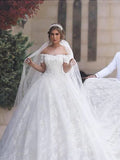 Ball Gown Off-the-Shoulder Lace Short Sleeves Tulle Court Train Wedding Dresses TPP0006176