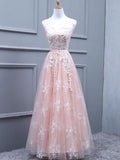 A-Line/Princess Tulle Scoop Sleeveless Floor-Length Applique Dresses TPP0003953
