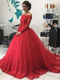 Ball Gown Off-the-Shoulder Long Sleeves Lace Tulle Court Train Dresses TPP0001514